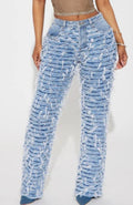 Women's light wash high-waist extreme distressed straight-leg jeans, front view