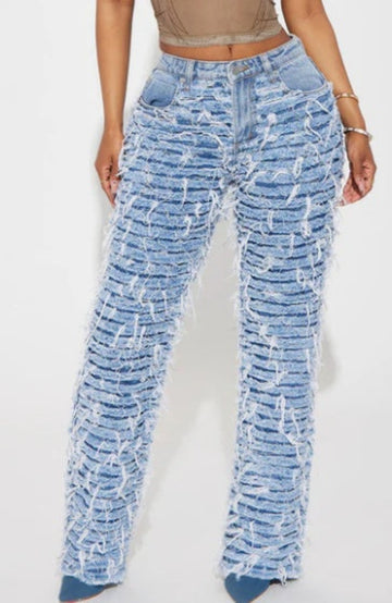 Women's light wash high-waist extreme distressed straight-leg jeans, front view