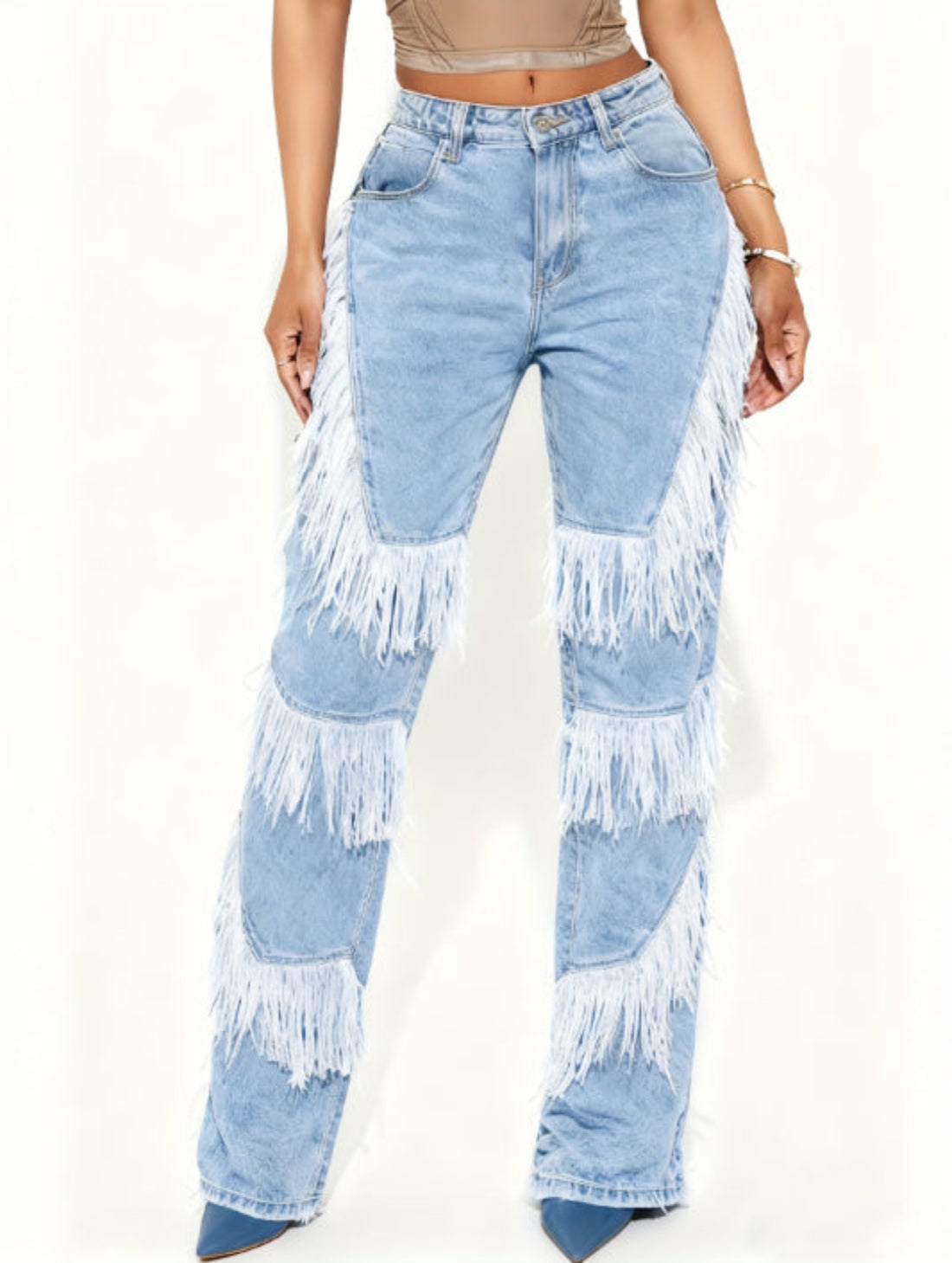 Women's light wash high-waist extreme distressed straight-leg jeans, front view
