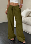 Women's olive green high-waist drawstring wide-leg pants with textured fabric and side pockets