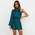 Women's peacock blue satin one-shoulder mini dress with draped high neckline, long sleeve and asymmetric shoulder