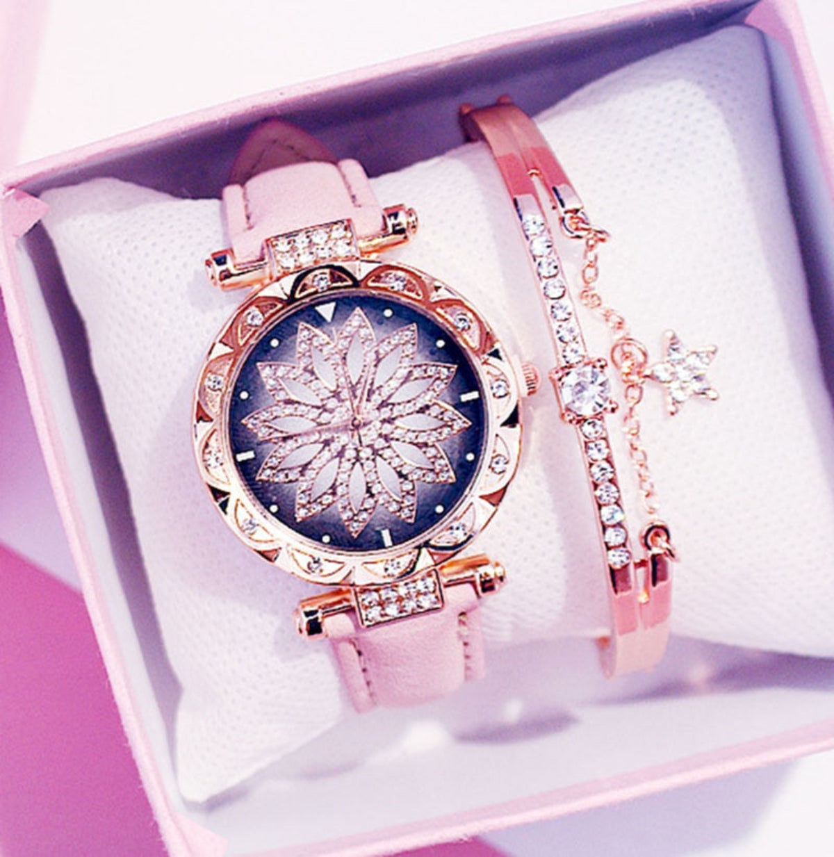 Women's pink strap rose gold floral crystal watch with matching rhinestone bracelet gift set