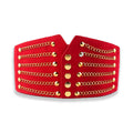 Women’s red wide corset belt with multiple gold-tone chain accents and gold button details