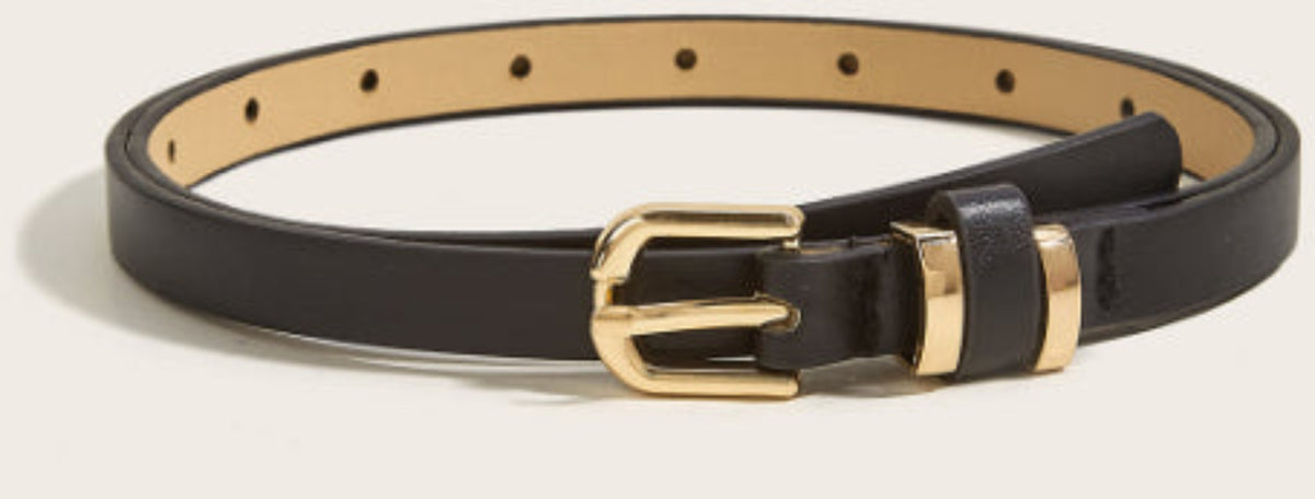 Women’s skinny black waist belt with small polished gold-tone buckle