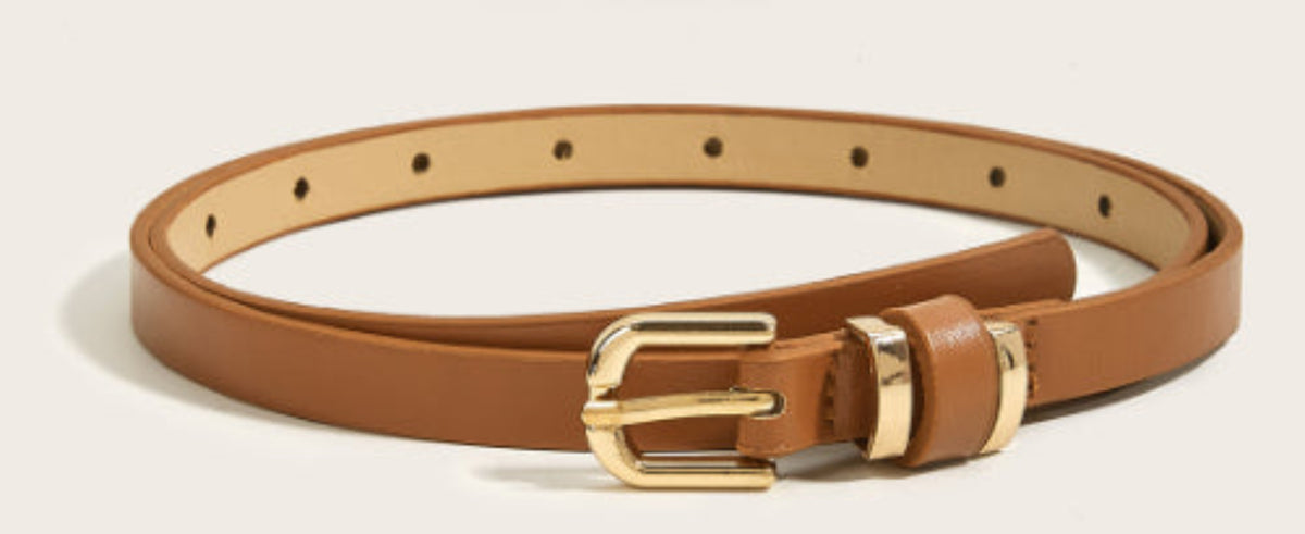 Women’s skinny cognac brown waist belt with polished gold-tone buckle