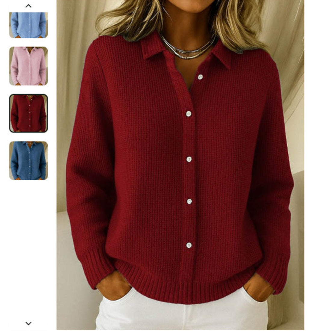 Woman wearing a light blue button-down knit sweater with collared neckline and long sleeves