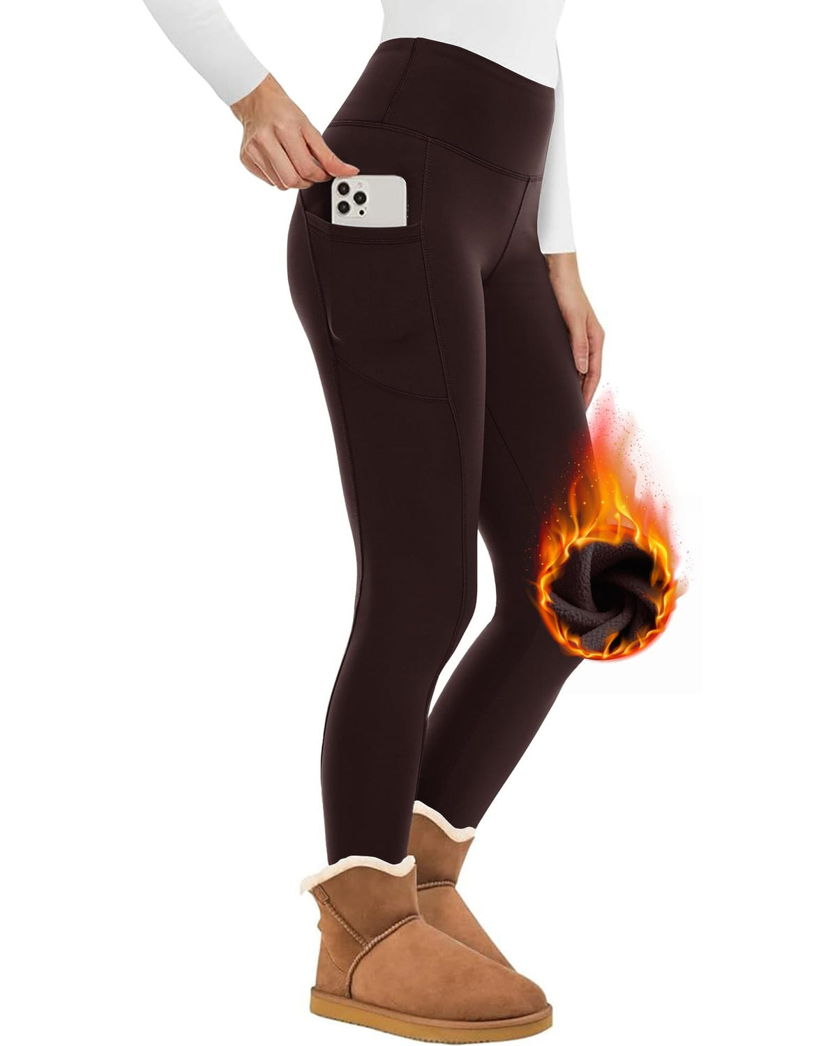 Zara women's dark brown thermal leggings displayed on a model, featuring a fitted high-rise waistband, smooth contoured appearance through the hips and thighs, slim full-length legs, and a deep brown color that complements casual Fall and Winter outfits.