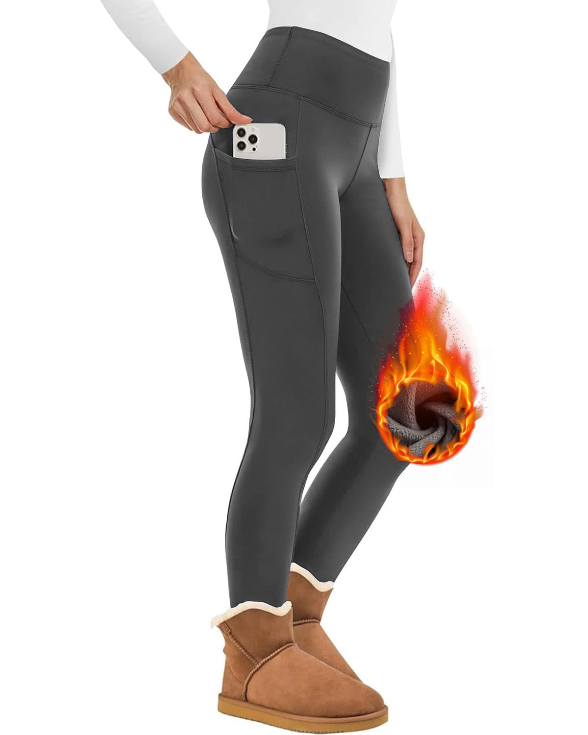 Zara women's gray fleece-lined leggings shown on a model, featuring a high-rise waistband, smooth fitted construction through the hips, thighs, and calves, ankle-length tapered legs, and a streamlined stretch silhouette. A decorative flame graphic near the lower leg highlights the advertised warm interior lining.