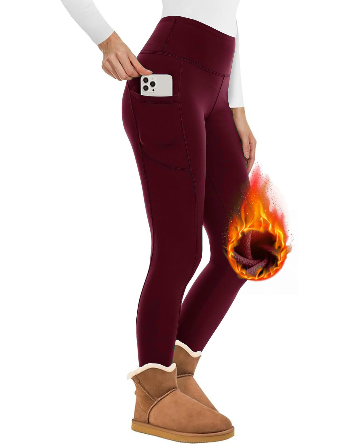 Zara women's wine red burgundy fleece-lined leggings shown full length on a model, featuring a smooth high-waisted design, close-fitting stretch construction, fitted ankles, and a rich red fabric finish suitable for styling with neutral knitwear, sweaters, and winter boots.