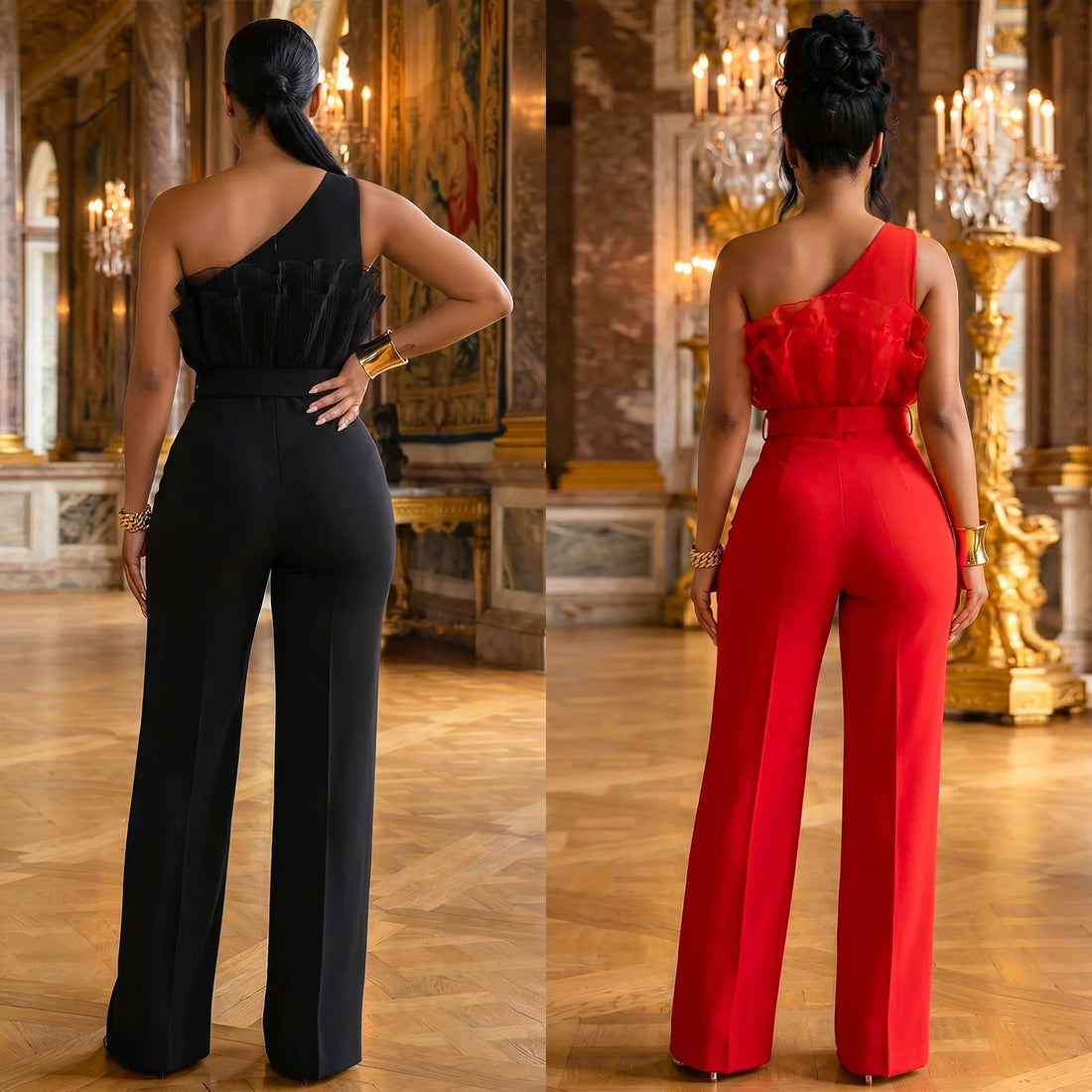 Zaria women's elegant one-shoulder jumpsuits displayed side by side in classic black and vibrant red, featuring dramatic sheer mesh ruffle necklines, fitted sleeveless bodices, matching waist belts with gold-tone crescent buckles, and flowing full-length wide-leg trousers.
