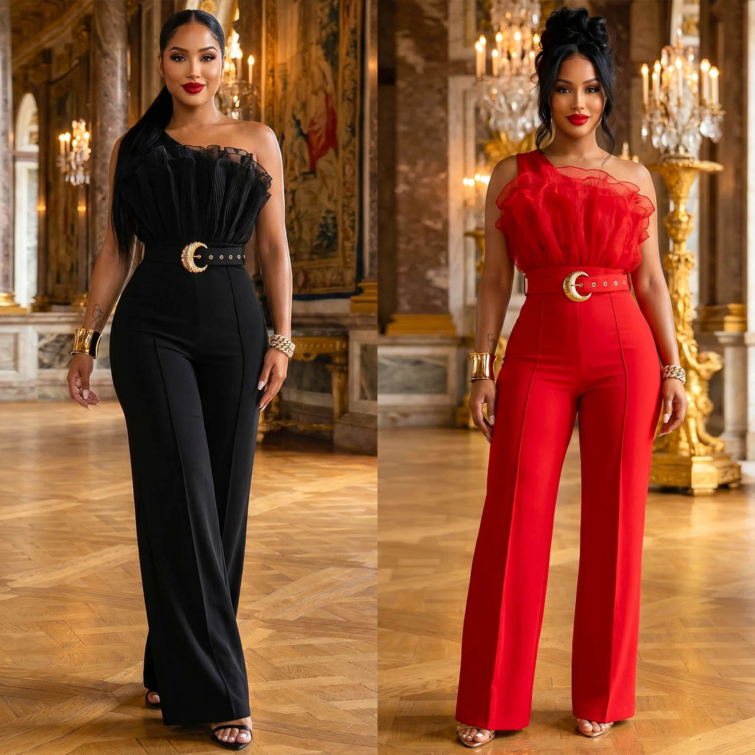 Zaria women's elegant one-shoulder jumpsuits displayed side by side in classic black and vibrant red, featuring dramatic sheer mesh ruffle necklines, fitted sleeveless bodices, matching waist belts with gold-tone crescent buckles, and flowing full-length wide-leg trousers.